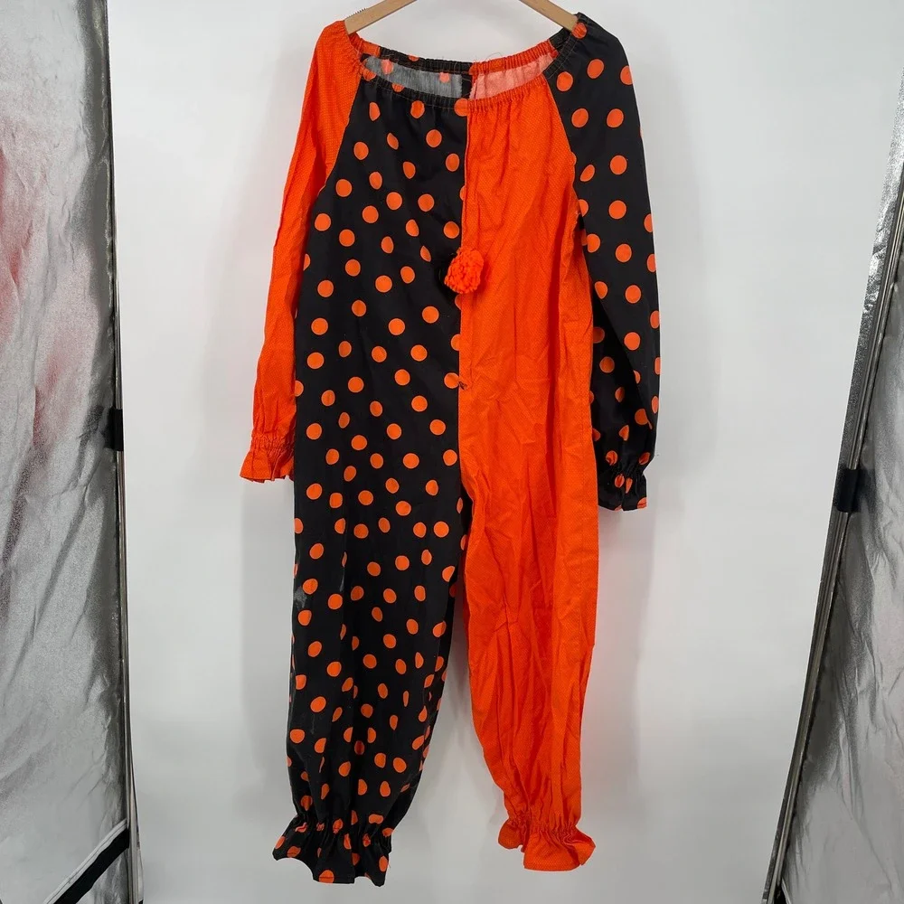 Vintage Clown Costume Set Orange Black Polka Dot Jumpsuit Hat Wig Collar 4pc